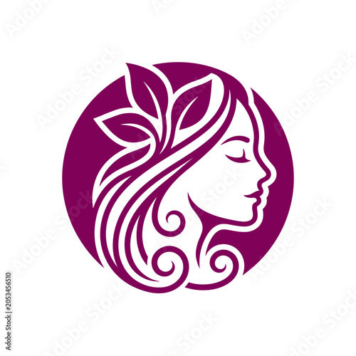 Feminine beauty profile logo with leaves in purple.