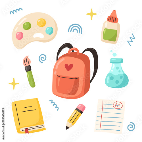 Set of school supplies. Backpack, pencil, brush, flask, paint palette, notebook, glue on white background. Vector illustration