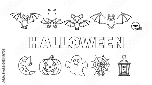 Foto Halloween Elements Collection: A playful compilation of classic Halloween symbols including bats, a crescent moon with a spider, a carved pumpkin, a friendly ghost, a spiderweb, and a lantern