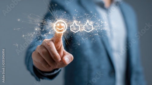 Hand selects glowing happy face rating, symbolizing positive customer experience