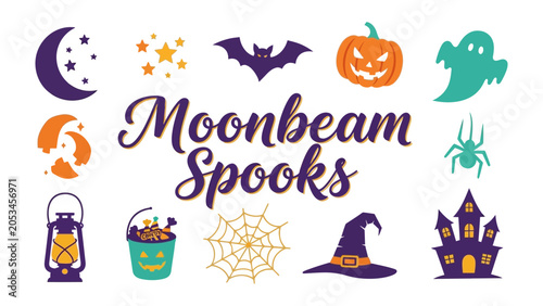 Obraz na plátně Halloween Graphic Elements: A collection of whimsical Halloween-themed graphic icons, featuring a crescent moon, stars, bat, pumpkin, ghost, spider, lantern, candy bucket, web, witch's hat