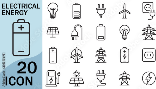 Fotografi Electrical energy icons battery solar wind and power plug icon