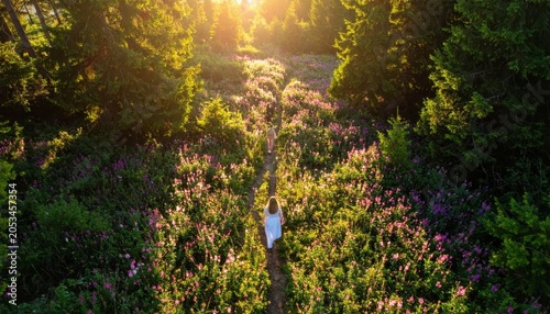 Couple Walking Forest Path During Golden Hour with Wildflowers