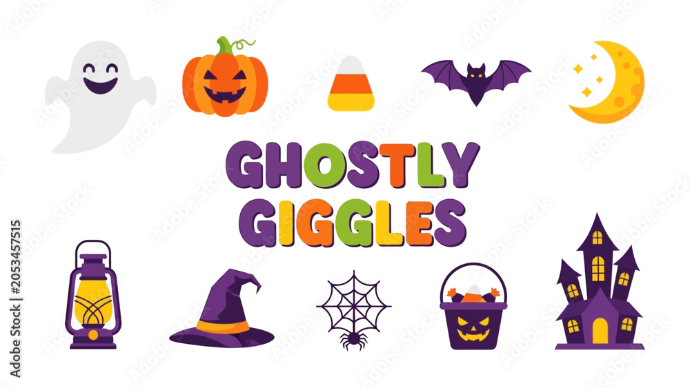 Fototapeta premium Halloween Giggles: A charming collection of playful Halloween icons, including a grinning ghost, jack-o'-lantern, candy corn, bat, crescent moon, lantern, witch's hat, spiderweb, candy bucket.