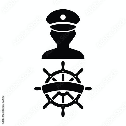Captain hat and steering wheel icon: Line and glyph solid icon and logo template