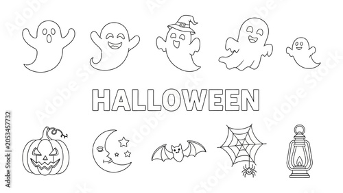 Photos Halloween Icons Collection: A charming compilation of classic Halloween symbols, including playful ghosts, a grinning pumpkin, a crescent moon with stars, a bat, a spiderweb, and an antique lantern