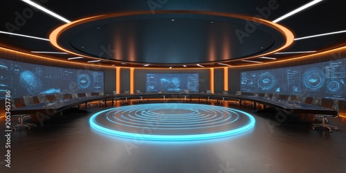 Futuristic circular control room with glowing screens, a central glowing platform and a large oval table