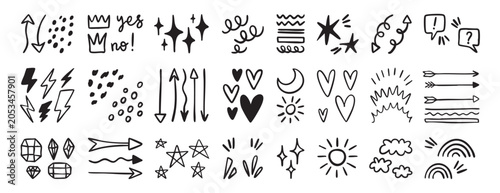 Stars sparkles hearts arrows diamonds symbols set collection doodle hand drawn icon. Outline drawing sign line clipart symbol.