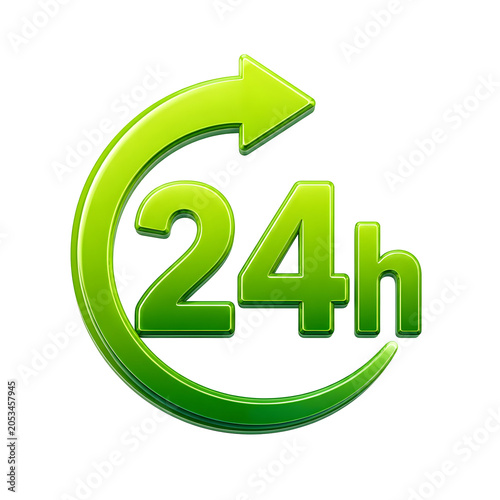 Green 24 hour clock symbol with circular arrow on black background daily service