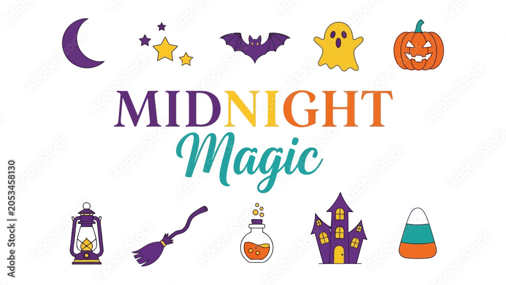 Fototapeta premium Halloween Magic at Midnight: A whimsical collection of Halloween icons, including a crescent moon, stars, bat, ghost, pumpkin, lantern, broomstick, potion bottle, haunted house, and candy corn.