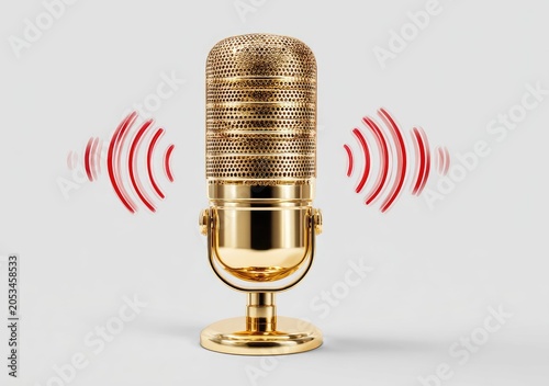 Ornate golden microphone emits red sound waves, symbolizing audio transmission