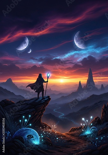 Mystic sorcerer standing on cliffside at dusk with glowing staff and bizarre flora