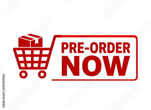 Pre-order now shopping cart icon with box on black background for online store