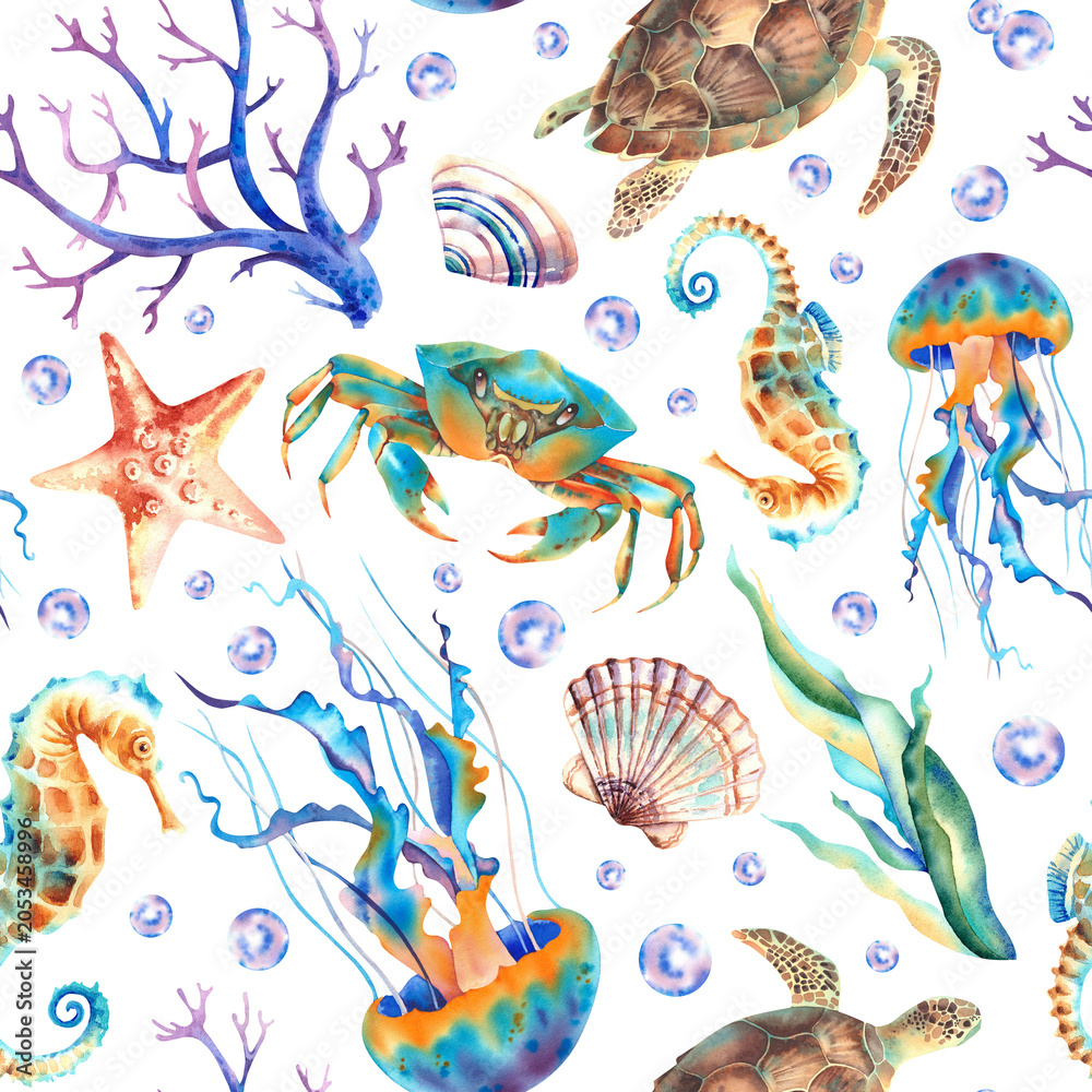 Fototapeta premium Seamless marine pattern on a white background. Watercolor illustration of marine animals: crab, turtle, seahorse, shells, starfish, seaweed, jellyfish, coral, hand-painted bubbles. Tropical printing