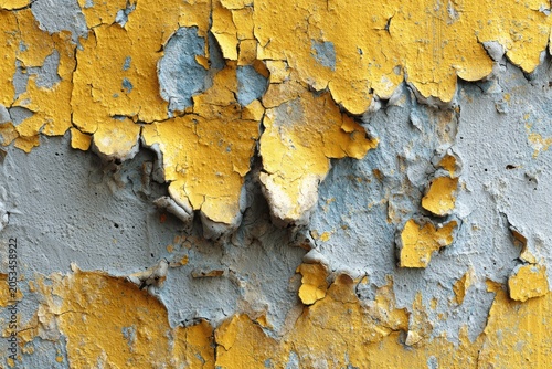 Aged, peeling yellow paint reveals textured grey undercoat on weathered surface