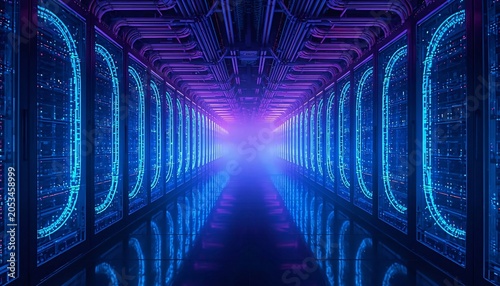 Futuristic AI Data Center with Advanced Liquid Cooling System and Glowing Neural Data Flow Infrastructure
