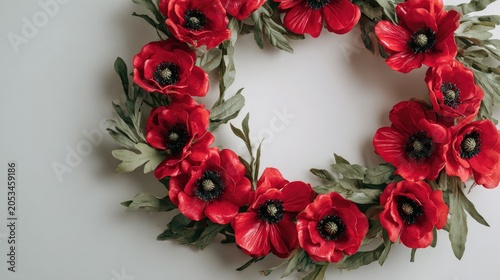 A vibrant red poppy wreath with green foliage on a plain background