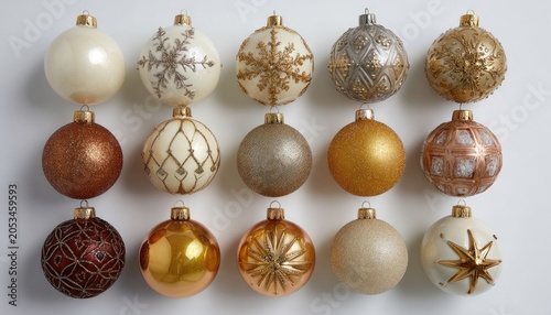 Fifteen assorted metallic and ornate Christmas ornaments arranged in rows
