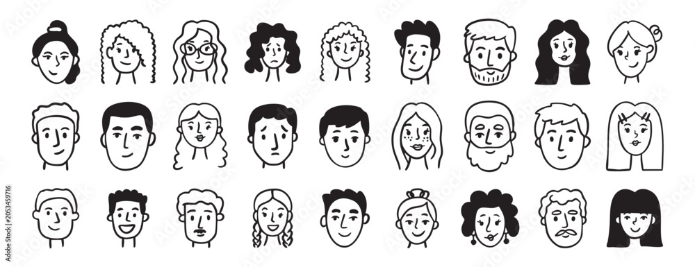 Fototapeta premium Characters faces avatars set collection doodle hand drawn icon. Outline drawing people head line clipart symbol.