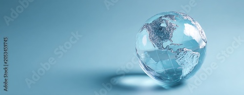 A crystal clear globe showing North America, casting a soft shadow on a blue background