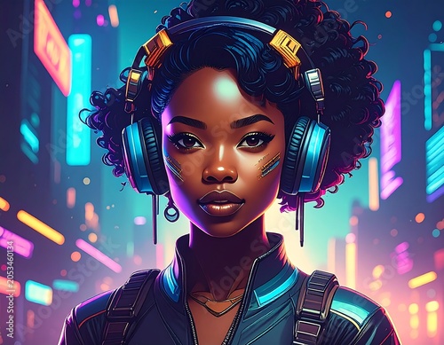 Portrait of a woman with curly hair and headphones, set against a neon cityscape background