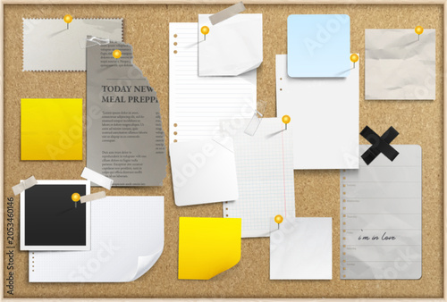 Photos Realistic paper memo notes pinned to cork board