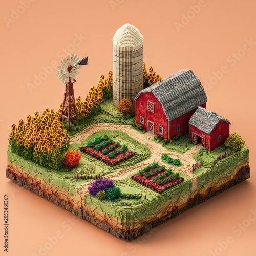 Miniature embroidered farm with sunflowers, barn, silo, and crops