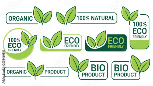 Eco Friendly Icons with Organic Food Labels Natural Product Stamps Sustainability Badges and Environmental Certification Symbols