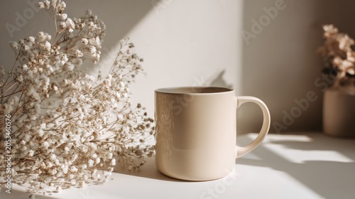 Soft light on a beige mug beside delicate dried flowers
