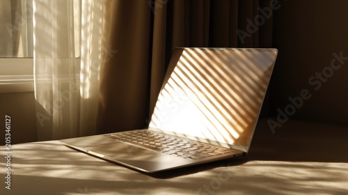 Sleek silver laptop rests on table, bathed in warm sunlight and striped shadows