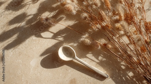 Overhead shot of a single spoon beside dried grass on a marble surface