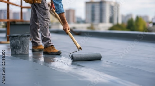 Construction worker applying waterproof grey coating on a flat roof with a roller.