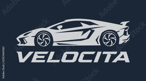 White sports car silhouette logo with Velocita text on dark background.