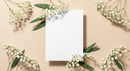 Elegant Blank White Invitation Card Mockup with Gypsophila Flowers and Eucalyptus Leaves on Beige Background