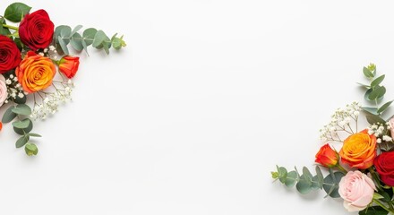Elegant Floral Frame with Red and Orange Roses, Eucalyptus Leaves, and Baby's Breath on White Background with Copy Space