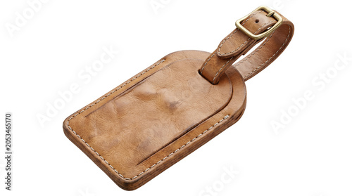 Blank brown leather luggage tag mockup empty travel suitcase label bag identifier badge vintage bronze metallic buckle strap isolated pure white background