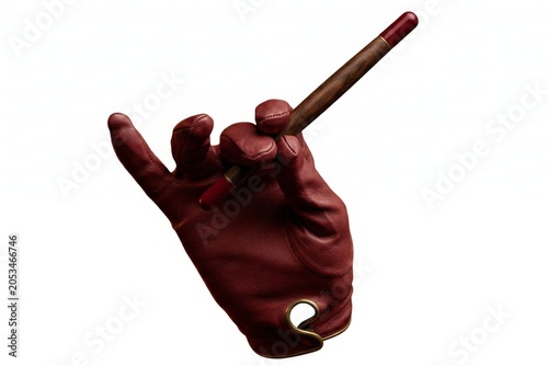 A hand in a red leather glove holding a wooden pen with a red tip against a white background.