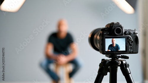 Dslr camera with live view screen capturing a man in a studio setting, creating digital content for media