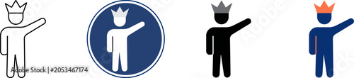 Photos Set of four simple stick figure icons of a person wearing a crown and waving han