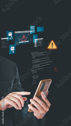 A person uses a smartphone with virtual holographic pop-ups showing System Hacked warnings, red alert icons, and computer code, illustrating cybersecurity concepts.