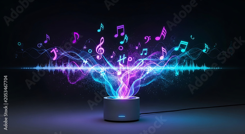 Abstract music visualization with a powerful speaker on a dark background