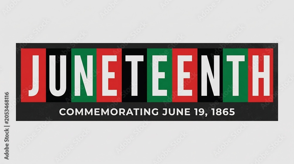Fototapeta premium Juneteenth commemorative banner with June 19 1865 text, Pan-African colors typography, freedom day celebration graphic for social awareness
