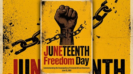 Juneteenth Freedom Day poster, vintage grunge illustration of raised fist breaking chains, commemorative African American emancipation graphic