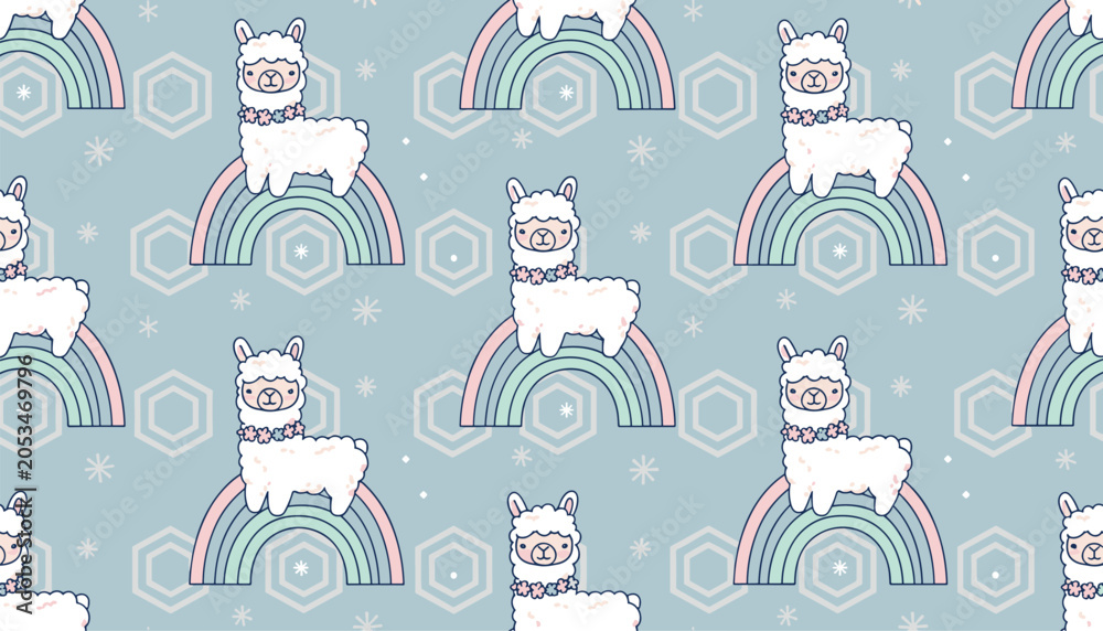 Naklejka premium Cute and whimsical alpaca seamless pattern featuring adorable cartoon white llamas standing on pastel rainbows.