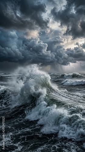 Dramatic Stormy Ocean with Huge Waves, Powerful Sea Storm and Dark Clouds with Lightning background
