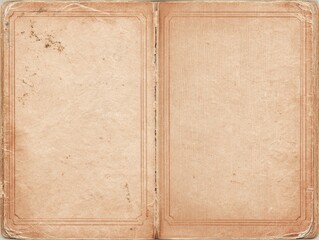 Aged, open, blank book pages with distressed textures and ornate borders
