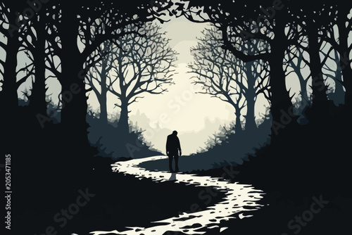 Εκτύπωση καμβά Man walks on path in dark spooky forest, surreal landscape, minimalist digital art, lost person in enchanted woods