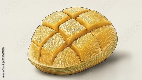 Fresh ripe mango fruit half cut into cubes isolated on a white background for healthy food concepts and culinary illustration with detailed texture style