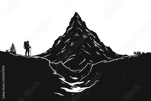 Obraz na płótnie Silhouette of hiker standing on mountain peak against clear white background