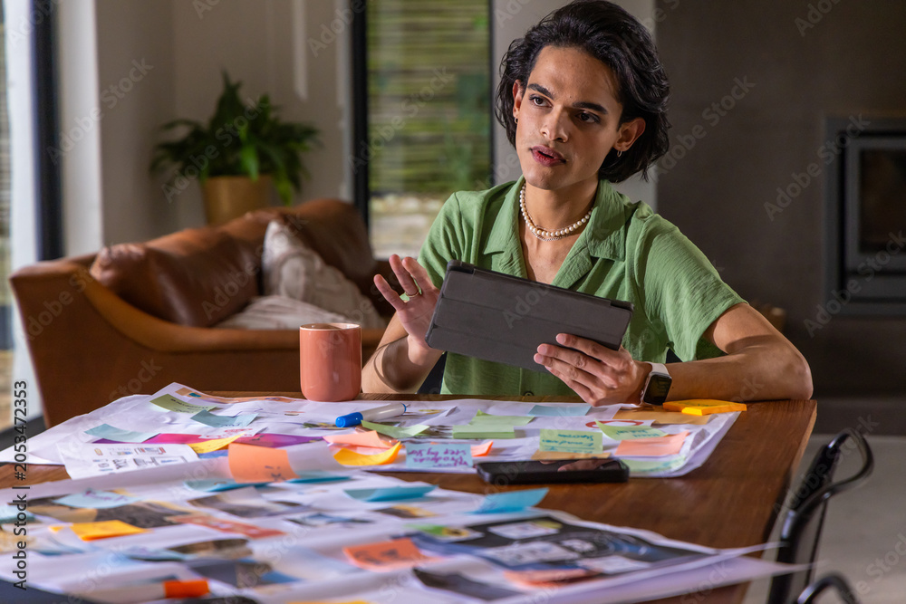 Obraz premium Asian man sitting at wooden table in living room, holding tablet folio reviewing sticky notes